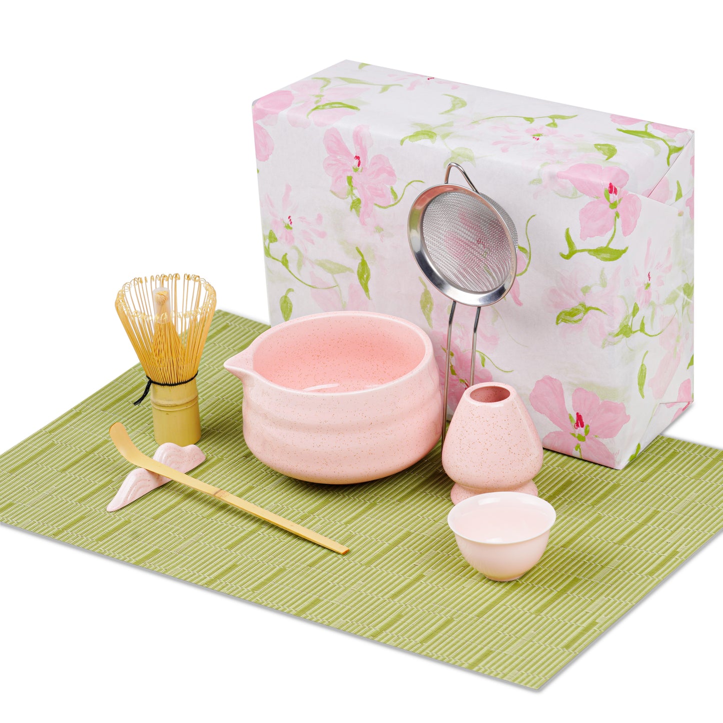 Pink Matcha Set, 8 Pcs Premium Matcha Whisk Set with Porcelain Sakura Tea Cup, Matcha Bowl, Whisk and Holder, Bamboo Scoop, Scoop Rest, Sifter, Tea Mat - Gift for Matcha Lover