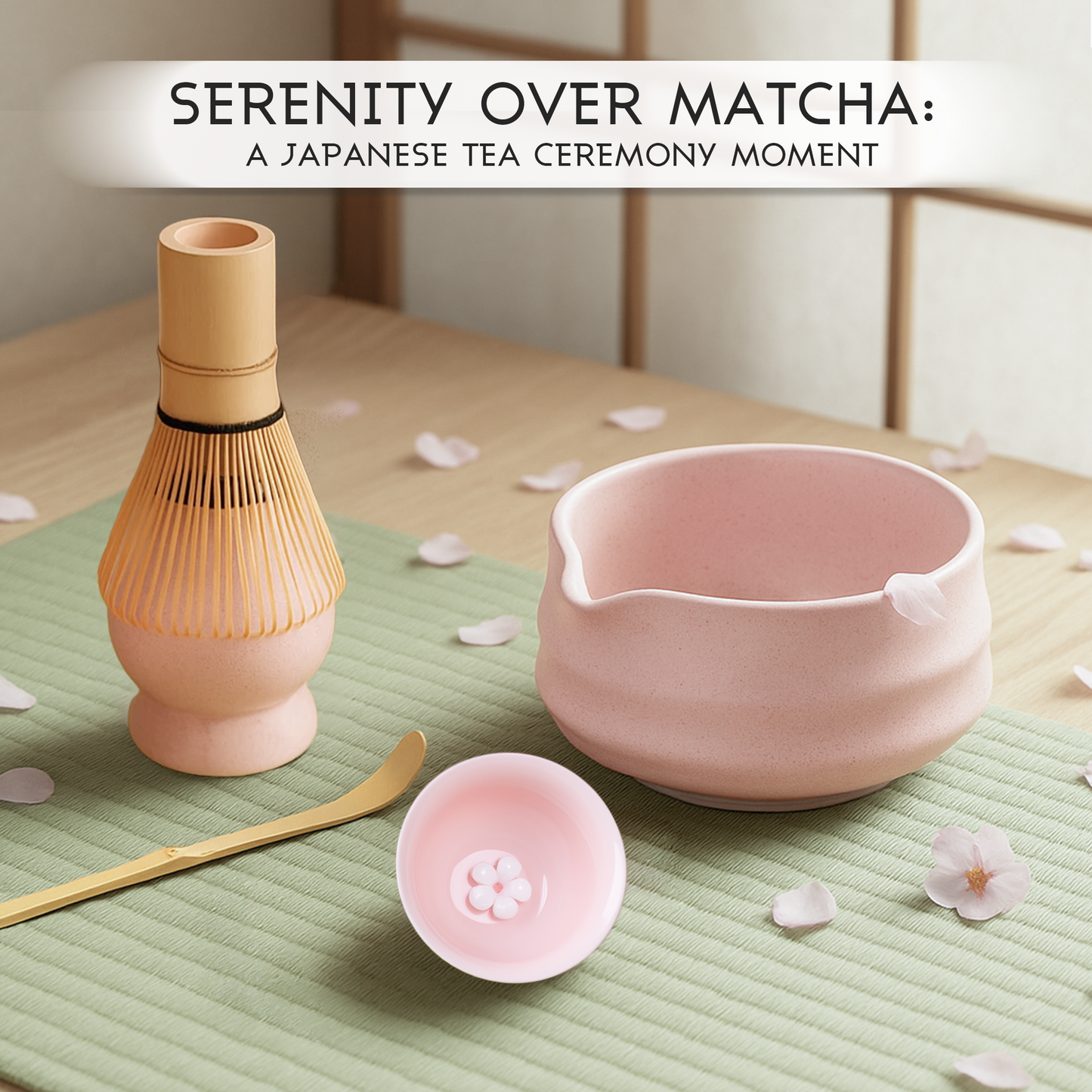 Pink Matcha Set, 8 Pcs Premium Matcha Whisk Set with Porcelain Sakura Tea Cup, Matcha Bowl, Whisk and Holder, Bamboo Scoop, Scoop Rest, Sifter, Tea Mat - Gift for Matcha Lover