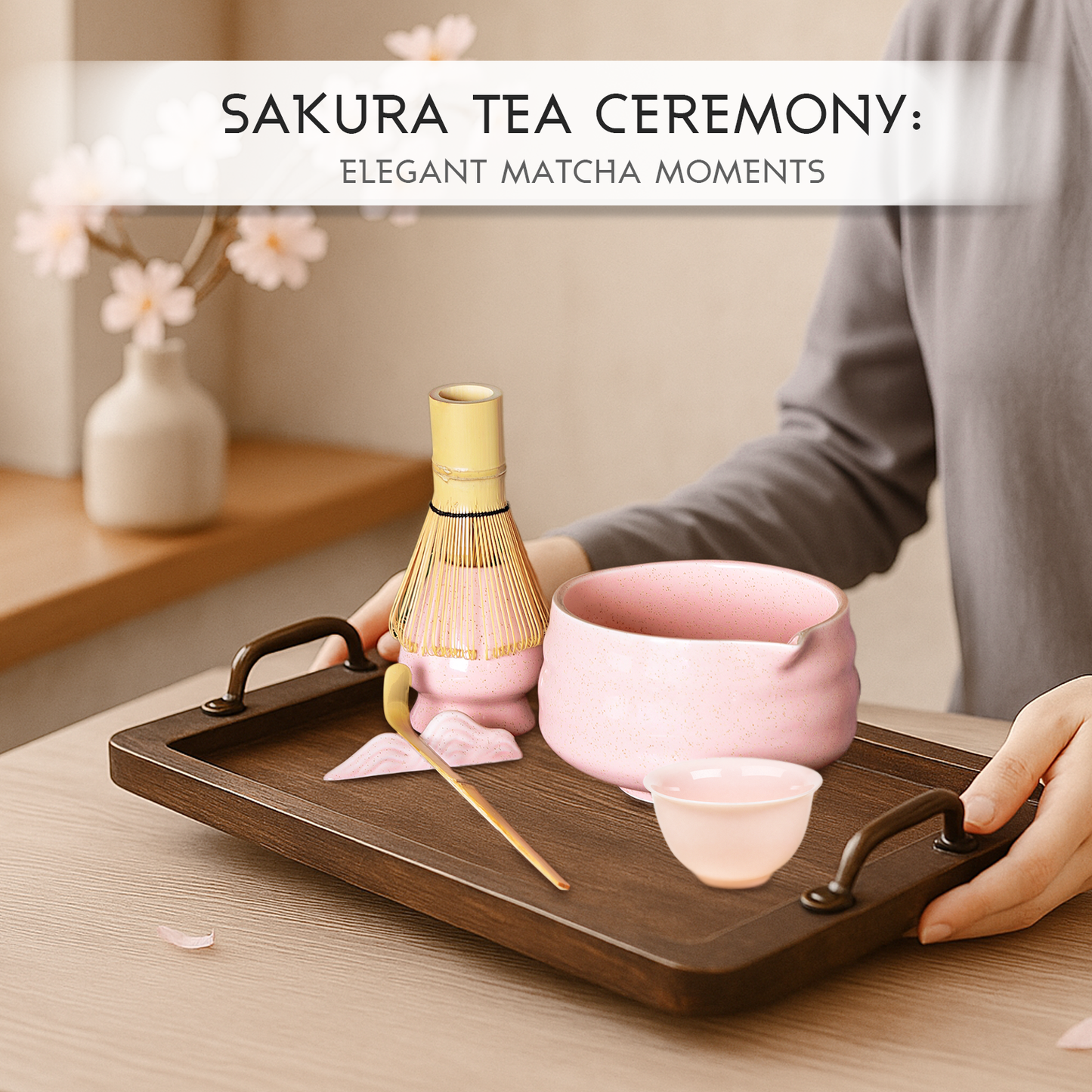 Pink Matcha Set, 8 Pcs Premium Matcha Whisk Set with Porcelain Sakura Tea Cup, Matcha Bowl, Whisk and Holder, Bamboo Scoop, Scoop Rest, Sifter, Tea Mat - Gift for Matcha Lover