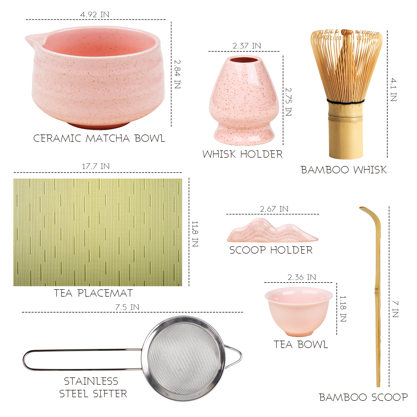 Pink Matcha Set, 8 Pcs Premium Matcha Whisk Set with Porcelain Sakura Tea Cup, Matcha Bowl, Whisk and Holder, Bamboo Scoop, Scoop Rest, Sifter, Tea Mat - Gift for Matcha Lover
