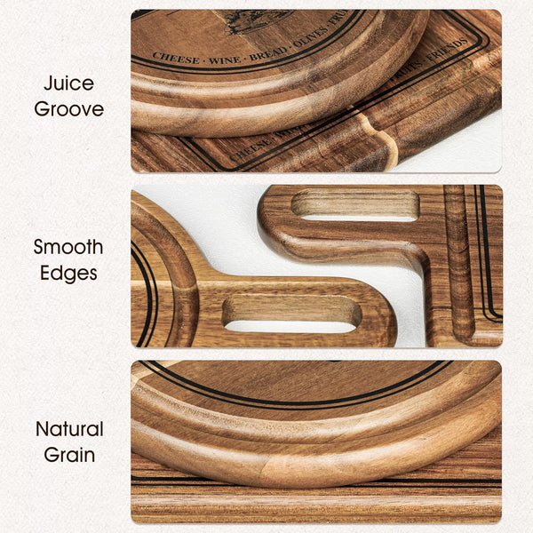 Acacia Cheese Board and Small Cutting Board Set with Groove, Round & Square Wooden Charcuterie Serving Boards for Cheese, Meat, Bread, Fruit – Kitchen & Gift Set