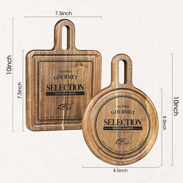 Acacia Cheese Board and Small Cutting Board Set with Groove, Round & Square Wooden Charcuterie Serving Boards for Cheese, Meat, Bread, Fruit – Kitchen & Gift Set