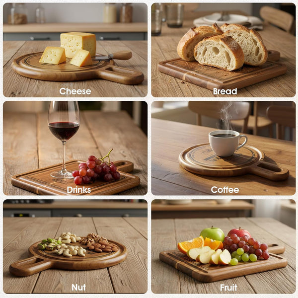 Acacia Cheese Board and Small Cutting Board Set with Groove, Round & Square Wooden Charcuterie Serving Boards for Cheese, Meat, Bread, Fruit – Kitchen & Gift Set