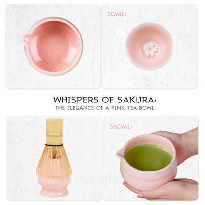 Pink Matcha Set, 8 Pcs Premium Matcha Whisk Set with Porcelain Sakura Tea Cup, Matcha Bowl, Whisk and Holder, Bamboo Scoop, Scoop Rest, Sifter, Tea Mat - Gift for Matcha Lover