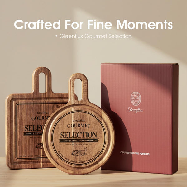 Acacia Cheese Board and Small Cutting Board Set with Groove, Round & Square Wooden Charcuterie Serving Boards for Cheese, Meat, Bread, Fruit – Kitchen & Gift Set