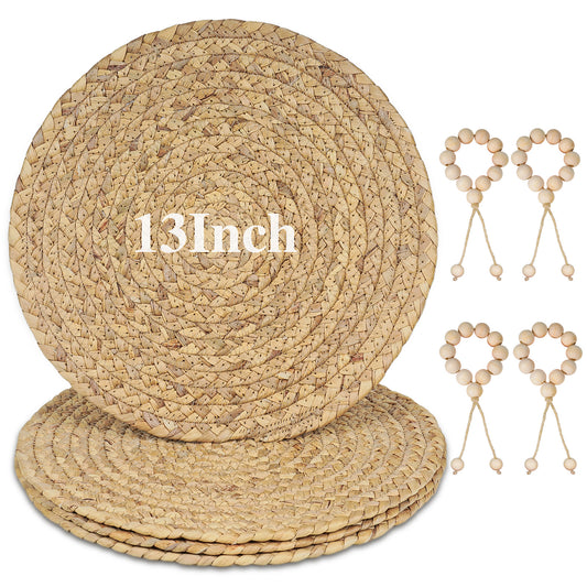Woven Round Placemats Set, Natural Water Hyacinth Braided Table Mats with Wood Bead Napkin Rings, Washable Boho Farmhouse Rattan Place Mats for Home, Outdoor, Table Decor, Dinning, Wedding