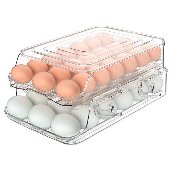 Egg Holder for Fridge, Foldable Automatic Rolling Egg Container for Refrigerator, Stackable Large-Capacity Egg Organizer Tray, Durable Clear Plastic Dispenser (3 dozens)
