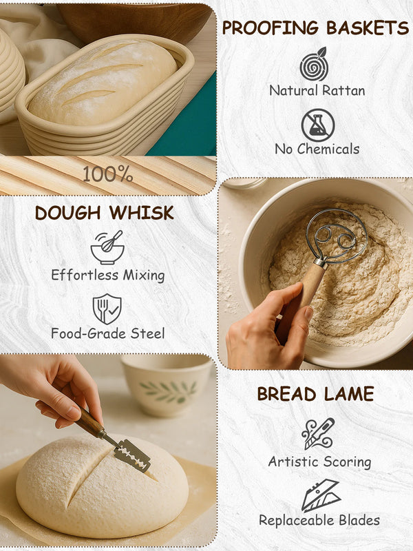 Sourdough Bread Baking Kit with 2 Pack 9" Round Banneton Proofing Baskets, Bread Baking Supplies with Cotton Liner, 430 Scraper, 304 Lame, Dough Whisk, Sourdough Starter Kit Gift