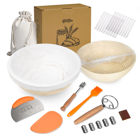 Sourdough Bread Baking Kit with 2 Pack 9" Round Banneton Proofing Baskets, Bread Baking Supplies with Cotton Liner, 430 Scraper, 304 Lame, Dough Whisk, Sourdough Starter Kit Gift