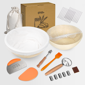 Sourdough Bread Baking Kit with 2 Pack 9" Round Banneton Proofing Baskets, Bread Baking Supplies with Cotton Liner, 430 Scraper, 304 Lame, Dough Whisk, Sourdough Starter Kit Gift