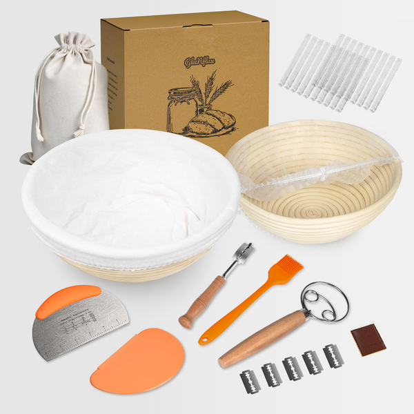 Sourdough Bread Baking Kit with 2 Pack 9" Round Banneton Proofing Baskets, Bread Baking Supplies with Cotton Liner, 430 Scraper, 304 Lame, Dough Whisk, Sourdough Starter Kit Gift