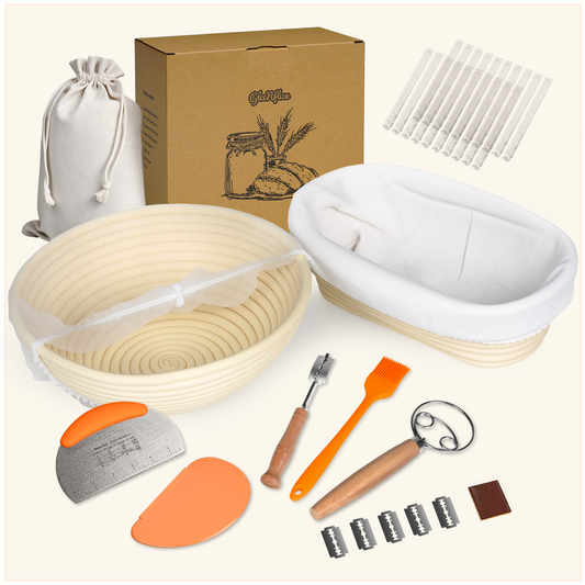 Sourdough Bread Baking Kit with 9" Round & 10" Oval Banneton Proofing Baskets, Bread Baking Supplies with Cotton Liner, 430 Scraper, 304 Lame, Dough Whisk, Sourdough Starter Kit Gift