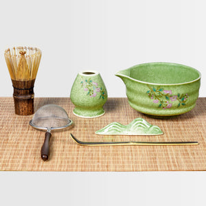Matcha Whisk Set, 7-Piece Japanese Matcha Kit with Floral Ceramic Bowl & Holder, Natural Bamboo Matcha Whisk, Scoop, Large Bamboo Mat, Wooden Handle Sifter –Elegant Tea Ceremony Gift for Matcha Lovers