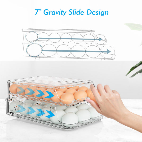 Egg Holder for Fridge, Foldable Automatic Rolling Egg Container for Refrigerator, Stackable Large-Capacity Egg Organizer Tray, Durable Clear Plastic Dispenser (3 dozens)