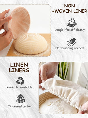 Sourdough Bread Baking Kit with 2 Pack 9" Round Banneton Proofing Baskets, Bread Baking Supplies with Cotton Liner, 430 Scraper, 304 Lame, Dough Whisk, Sourdough Starter Kit Gift