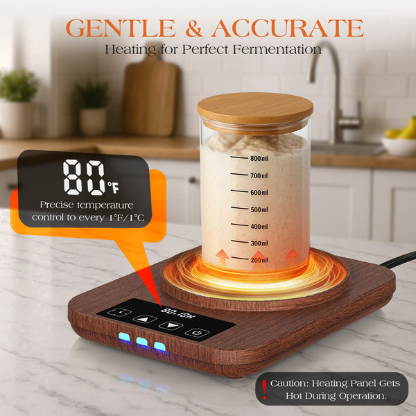 Sourdough Starter Warmer 2025 with Precise 1°F Control (70–100°F), 4.3" Sourdough Warmer, 12H Auto Timer, USB Powered Fermentation Mat for Sourdough Jar, Essentials for Home Bread Baking, Wood Grain