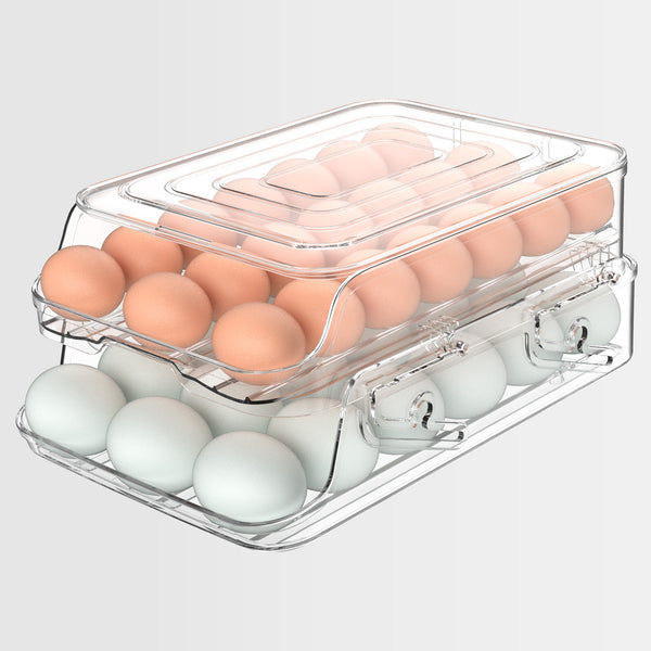 Egg Holder for Fridge, Foldable Automatic Rolling Egg Container for Refrigerator, Stackable Large-Capacity Egg Organizer Tray, Durable Clear Plastic Dispenser (3 dozens)
