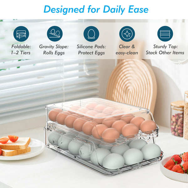Egg Holder for Fridge, Foldable Automatic Rolling Egg Container for Refrigerator, Stackable Large-Capacity Egg Organizer Tray, Durable Clear Plastic Dispenser (3 dozens)