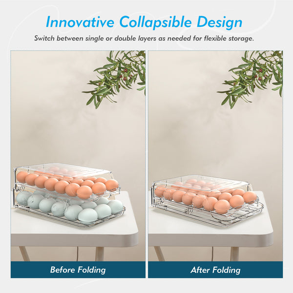 Egg Holder for Fridge, Foldable Automatic Rolling Egg Container for Refrigerator, Stackable Large-Capacity Egg Organizer Tray, Durable Clear Plastic Dispenser (3 dozens)