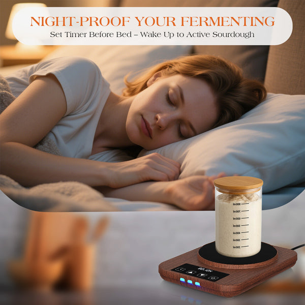 Sourdough Starter Warmer 2025 with Precise 1°F Control (70–100°F), 4.3" Sourdough Warmer, 12H Auto Timer, USB Powered Fermentation Mat for Sourdough Jar, Essentials for Home Bread Baking, Wood Grain