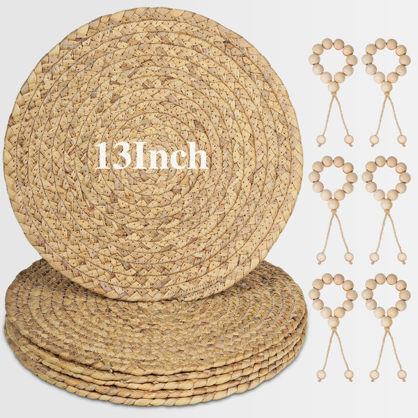 Woven Round Placemats Set, Natural Water Hyacinth Braided Table Mats with Wood Bead Napkin Rings, Washable Boho Farmhouse Rattan Place Mats for Home, Outdoor, Table Decor, Dinning, Wedding