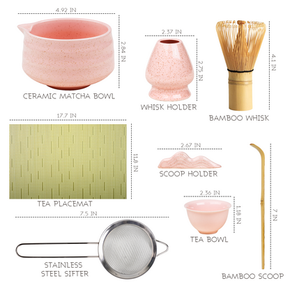 Pink Matcha Set, 8 Pcs Premium Matcha Whisk Set with Porcelain Sakura Tea Cup, Matcha Bowl, Whisk and Holder, Bamboo Scoop, Scoop Rest, Sifter, Tea Mat - Gift for Matcha Lover